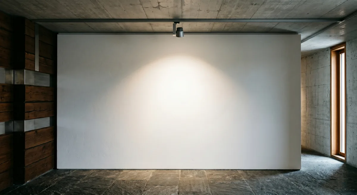 Leere weiße Galeriewand mit warmem Spotlight – Metapher für den Museumstag der Big Five for Life
