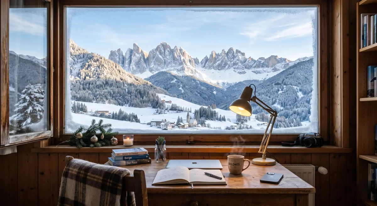 Schreibtisch am Winterfenster mit Blick auf verschneite Dolomiten, Notizbuch und Lampe – Setting für die Sonntagabend-Reflexion