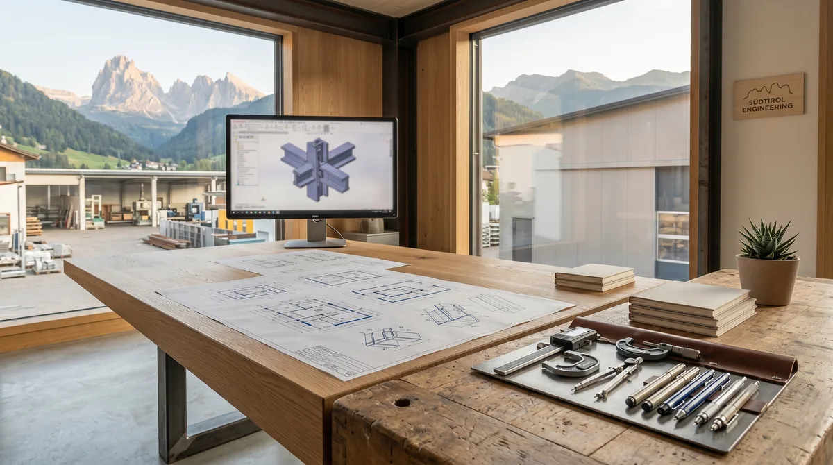 Modernes Engineering-Büro in Südtirol mit technischen Zeichnungen, Präzisionswerkzeugen und CAD-Bildschirm – Blick auf die Dolomiten