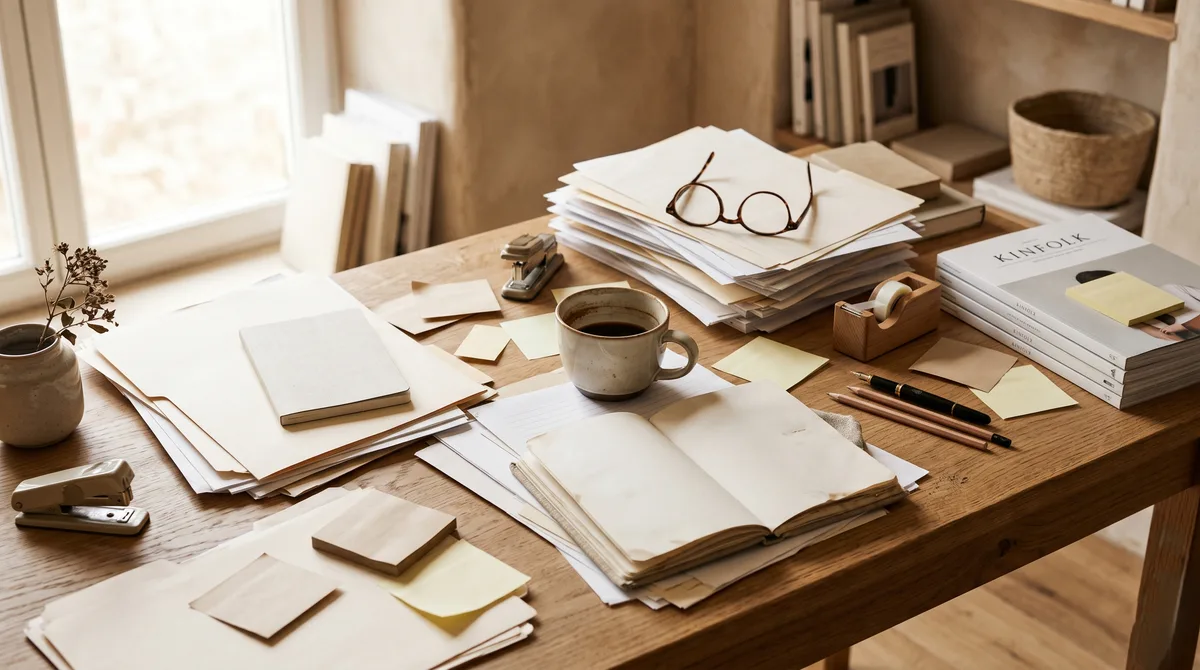 Überfüllter Schreibtisch mit Papierstapeln, Notizbuch, Kaffeetasse und Brille – Symbol für Führung durch Druck statt Klarheit