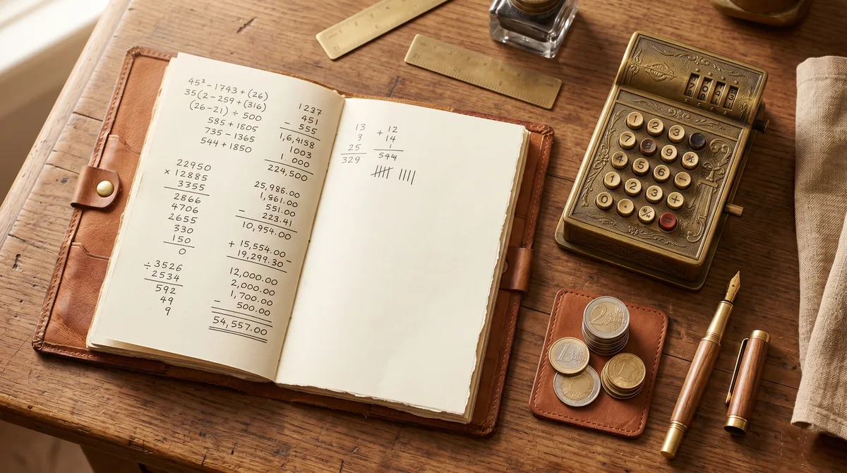 Notizbuch mit handschriftlichen Berechnungen, Vintage-Kalkulator und Münzen auf Holztisch – Symbol für die finanziellen Kosten von Führungsfehlern