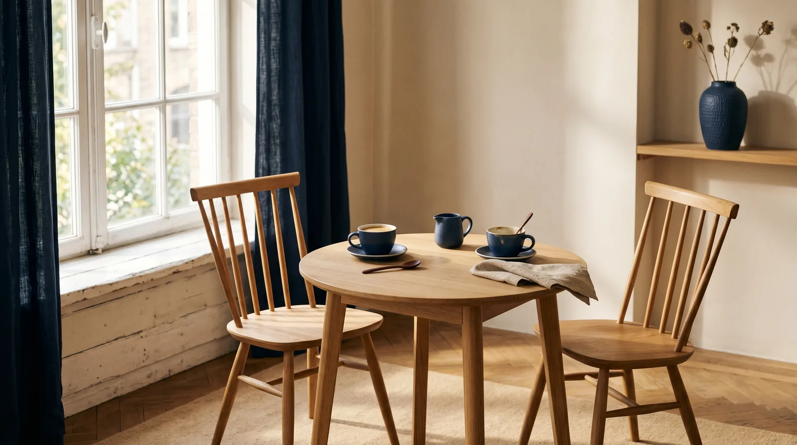 Zwei leere Holzstühle gegenüber, Kaffeetassen auf dem Tisch – Sinnbild für einen ungelösten Konflikt im Team