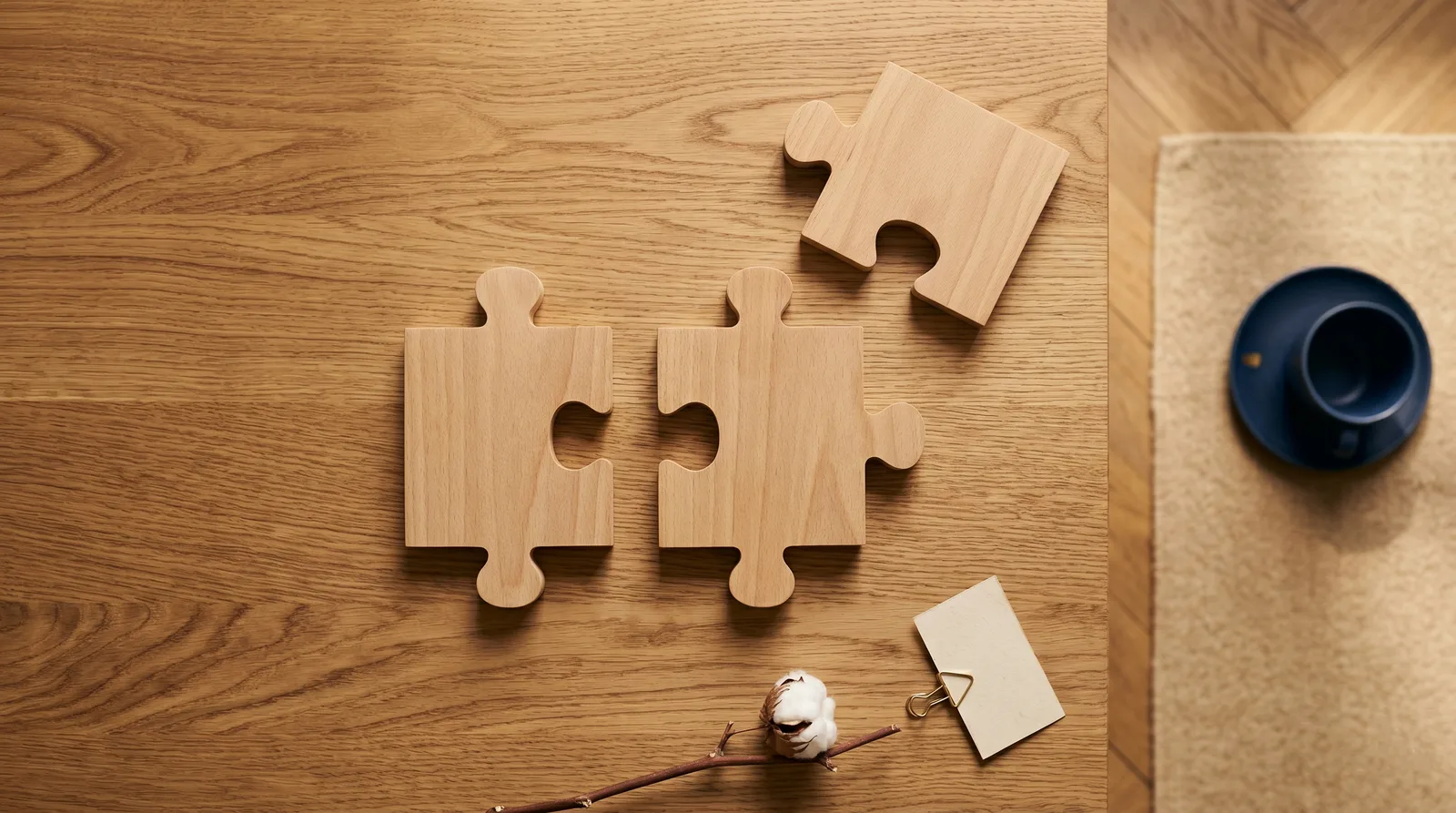 Drei Holz-Puzzleteile auf einer Tischfläche, eines liegt separat – Symbol für unterschiedliche Motive, die nicht zusammenpassen