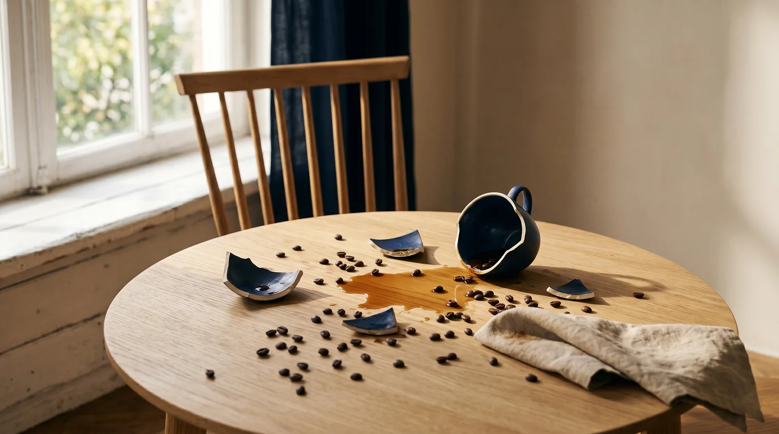 Zerbrochene Kaffeetasse mit verstreuten Kaffeebohnen auf hellem Holztisch – Symbol für die unsichtbaren Folgen ungelöster Team-Konflikte