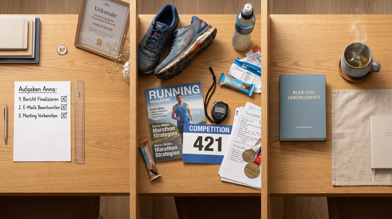 Drei nebeneinander stehende Arbeitsplätze – ordentliche Aufgabenliste mit Urkunde (Anna), Lauf-Equipment mit Marathon-Magazin und Startnummer (Marco), minimalistisches Setup mit Buch 'Ruhe und Geborgenheit' und Tee (Lisa) – Symbol für drei unterschiedliche Motive von Mitarbeitenden