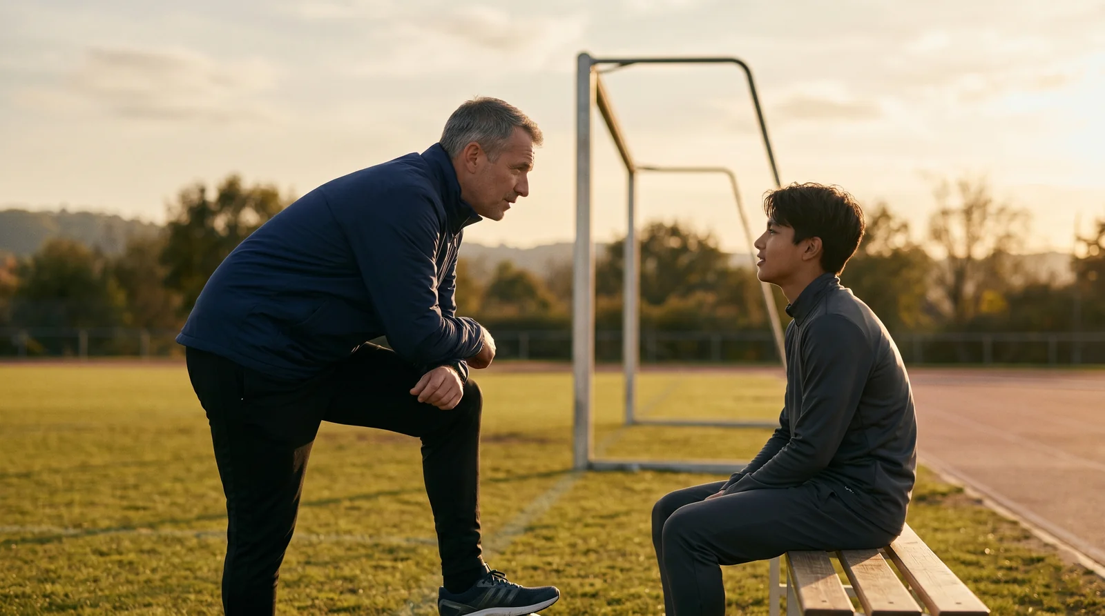Trainer im Einzelgespräch mit einem Athleten am Spielfeldrand – Symbol für individuelle, motivbasierte Führung im Profisport