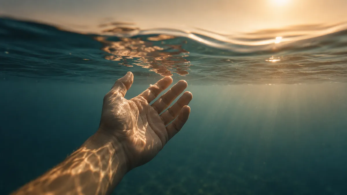 Hand, die von unten zur sonnenbeschienenen Wasseroberfläche greift – Sinnbild für den Blick unter die Oberfläche des Verhaltens