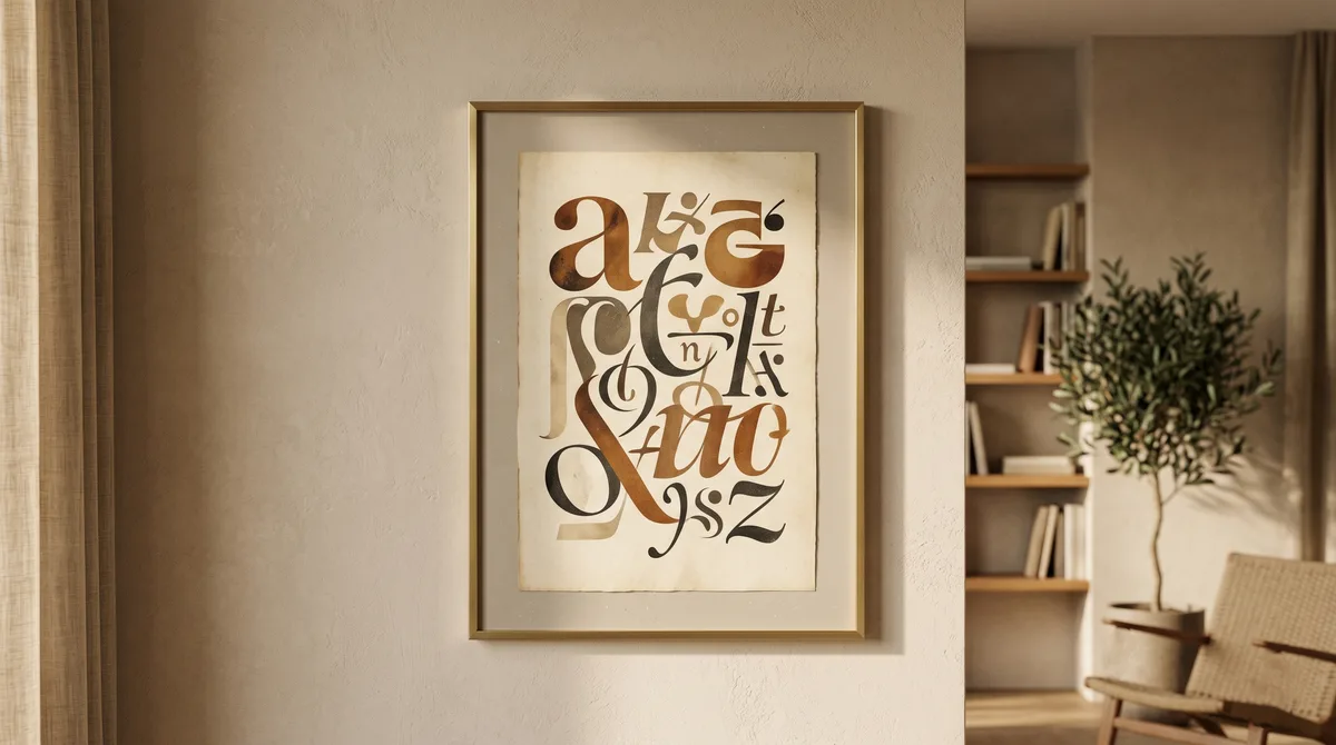 Gerahmtes typografisches Plakat an einer hellen Bürowand – Symbol für Werte, die als Dekoration enden statt gelebt zu werden