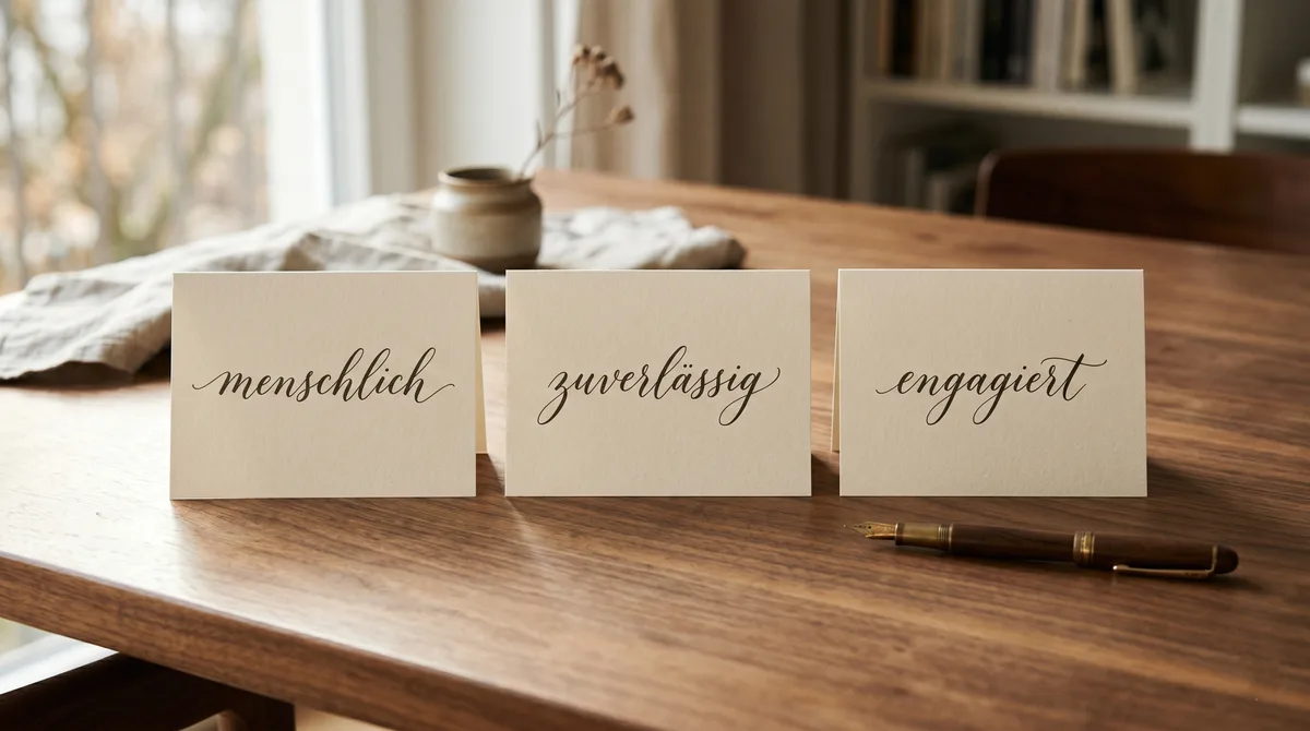 Drei cremefarbene Karten in kalligrafischer Handschrift mit den Werten „menschlich